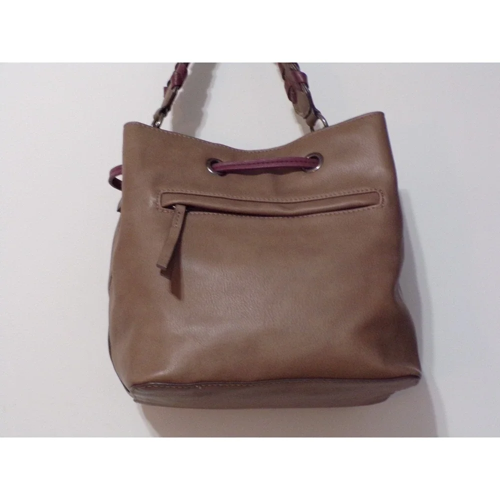 Jessica Simpson Bucket Leather Brown Handbag Snap & Draw String Closure Nice!!